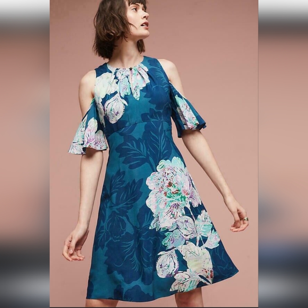 Anthropologie Dress Turqu Elia Floral Fit N Flare Maeve Cutout Cold Shoulder